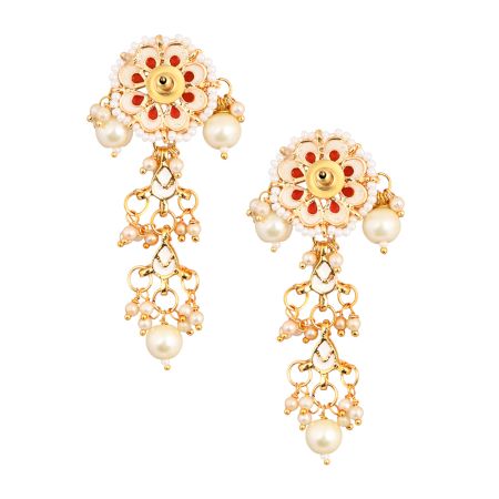 Floral Red Petal & Pearl Cascade Earrings Pair
